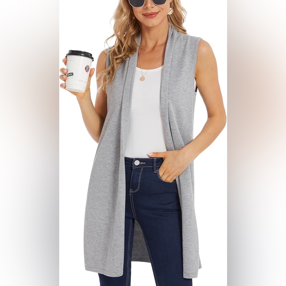 Sleeveless Open Front Grey Knit Duster Vest